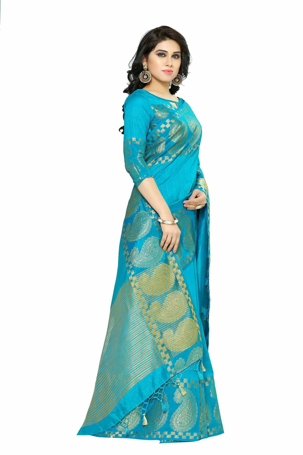 Mimosa Women's Banarasi Tussar Silk Turquoise Blue Saree
