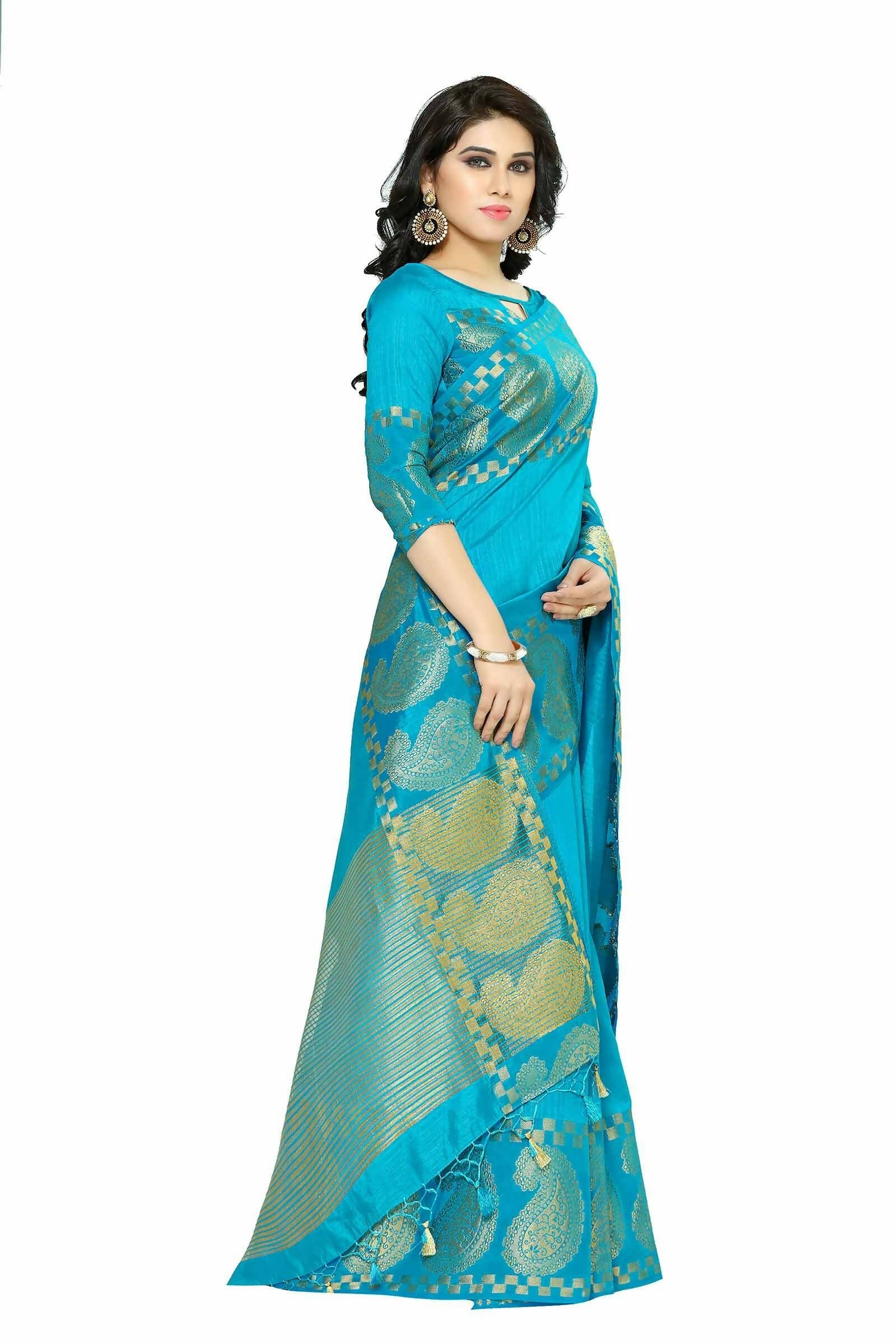 Mimosa Women's Banarasi Tussar Silk Turquoise Blue Saree