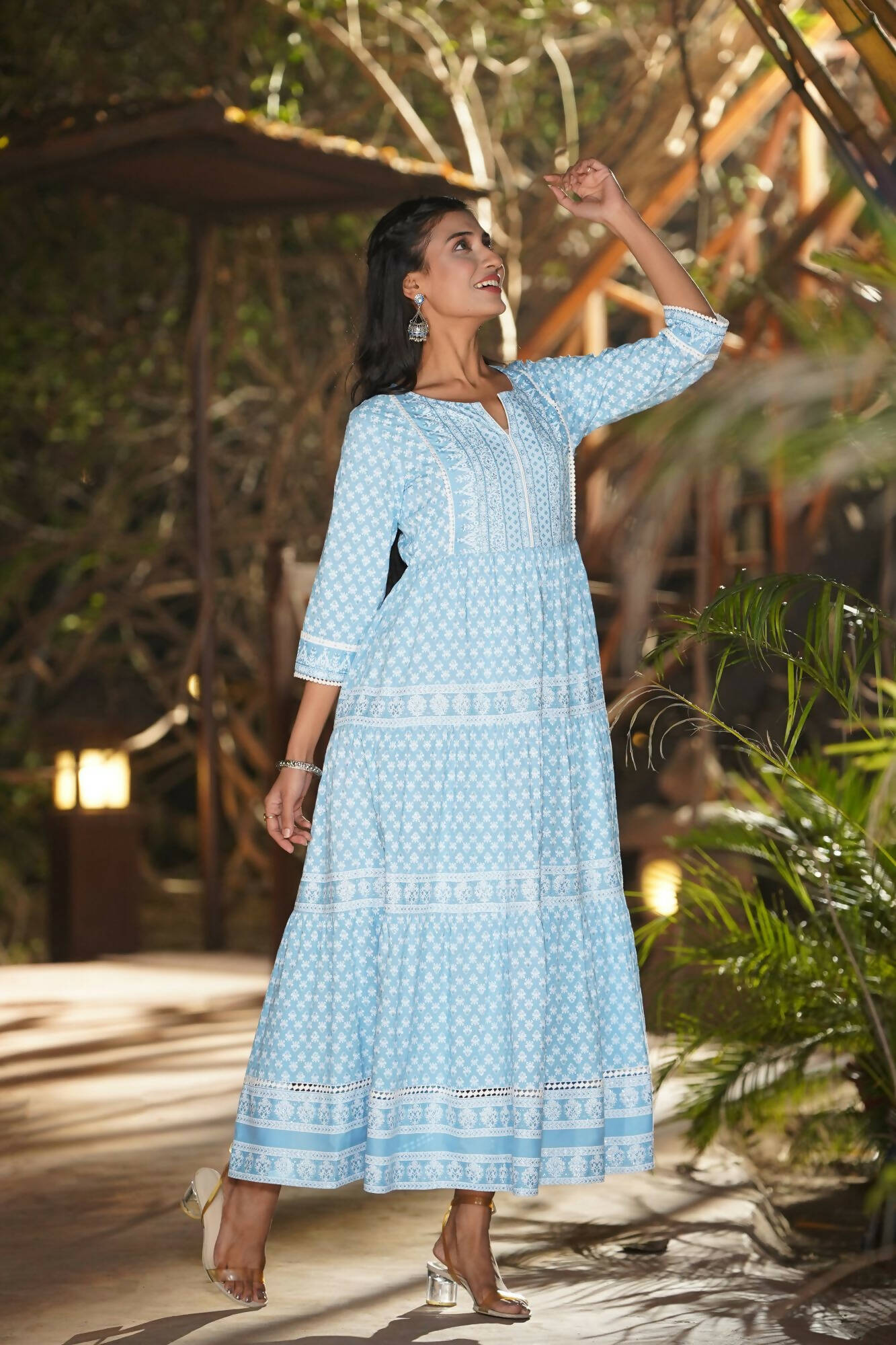 Juniper Women Blue Rayon Printed Tiered Dress