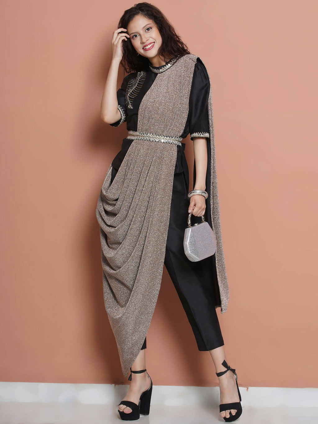 Women Republic Black Cotton Blended Set with Attached Drape