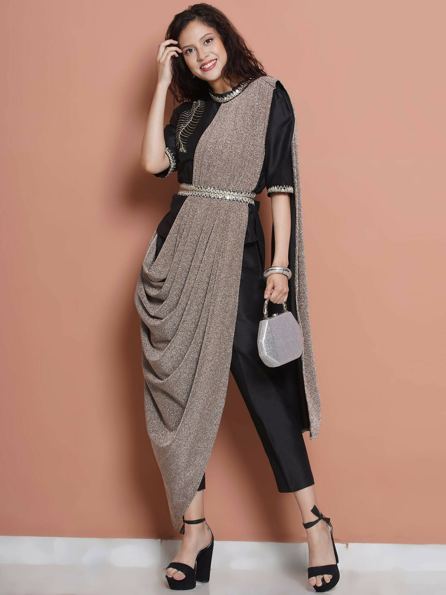 Women Republic Black Cotton Blended Set with Attached Drape