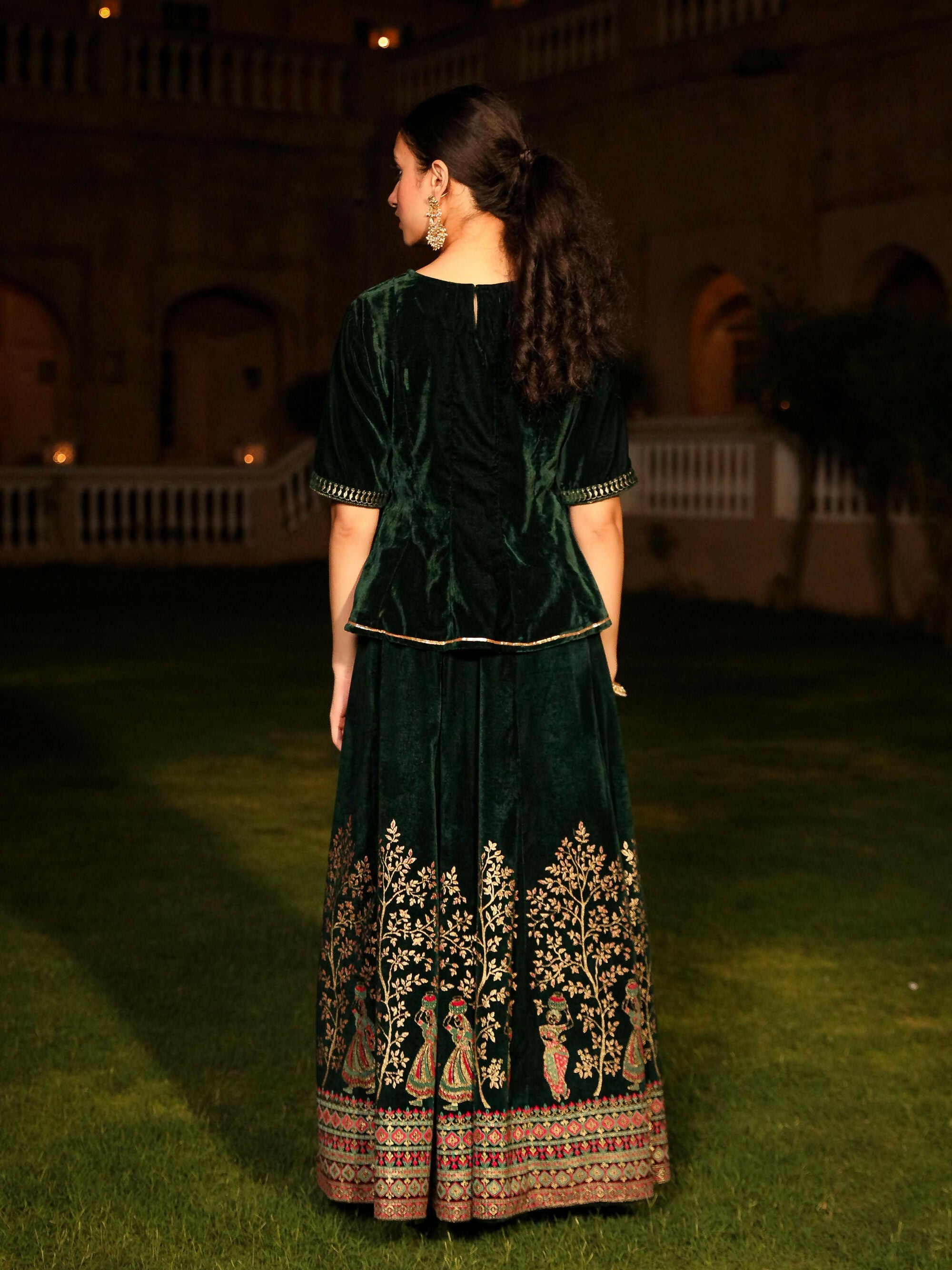 Juniper Women's The Sunehri Green Zari Embroidered Velvet Top & Skirt Set With Sequins & Lace