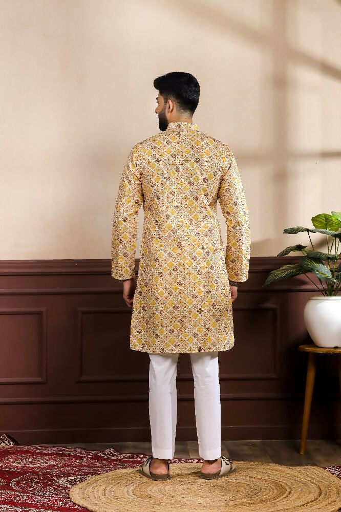 Mustard Art Silk Digital Printed, Embroidery Work Kurta Set - Mahotsav