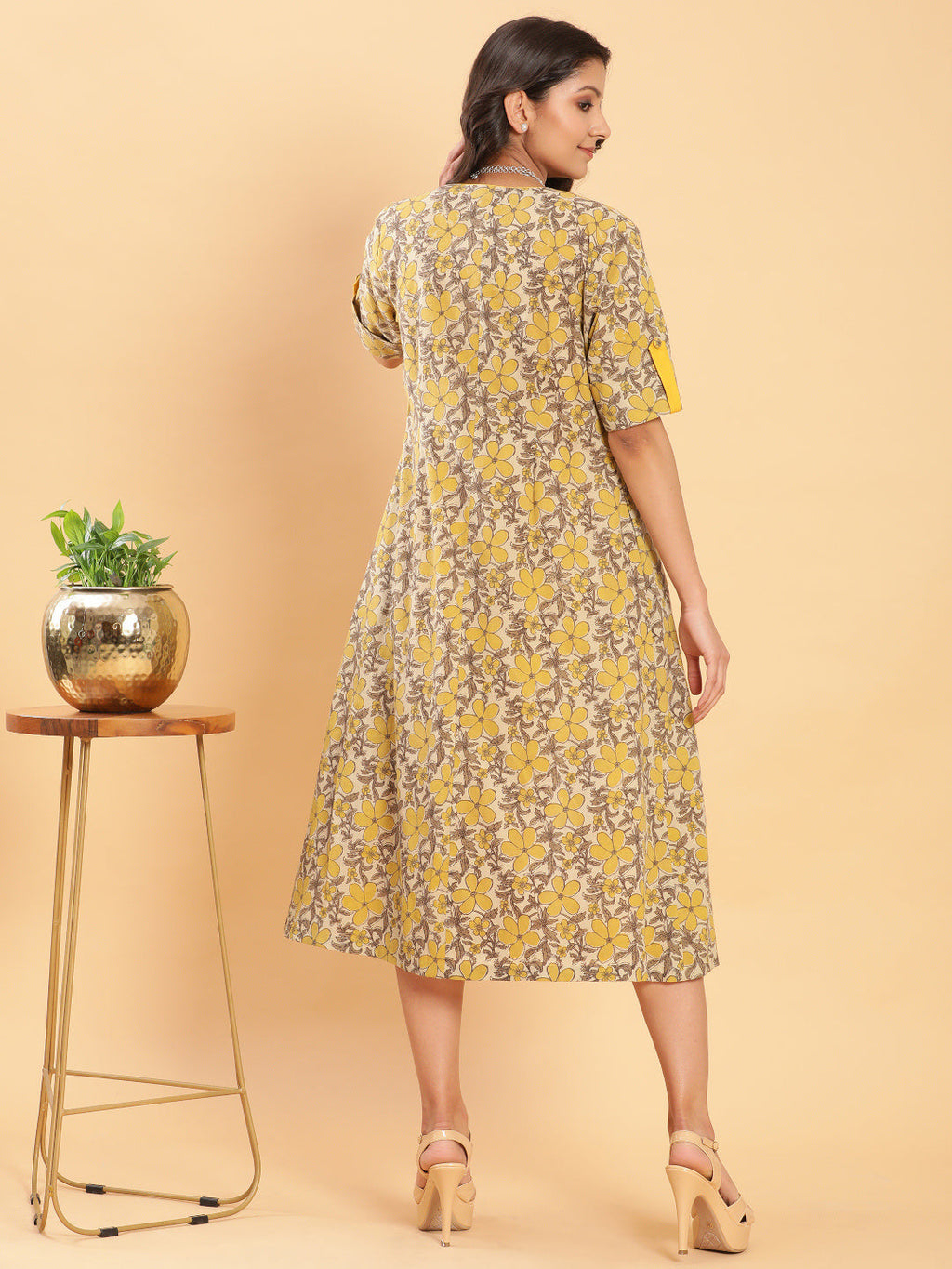 BohoJazz Vegetable Dye Handblock Jacket with Chrome Yellow Linen Dress