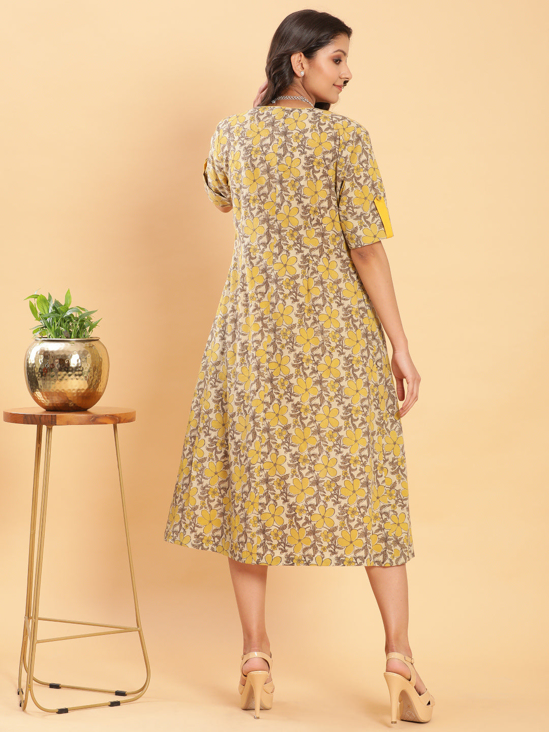 BohoJazz Vegetable Dye Handblock Jacket with Chrome Yellow Linen Dress