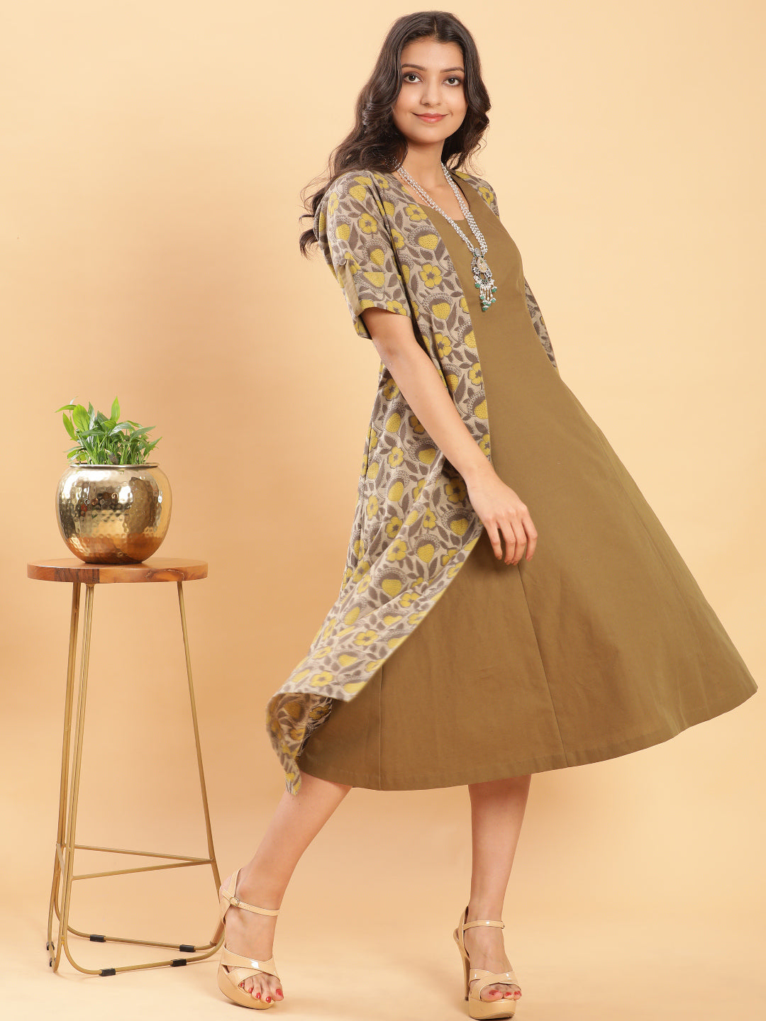 BohoJazz Vegetable Dye Handblock Jacket with Olive Green Linen Dress