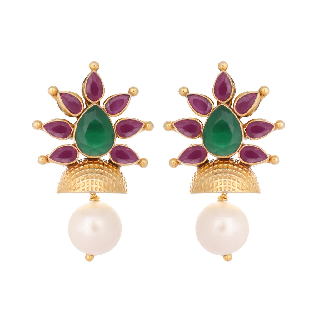 Nuyug 22K Gold-Plated Pearl Drop Floral Shaped Stud Earrings