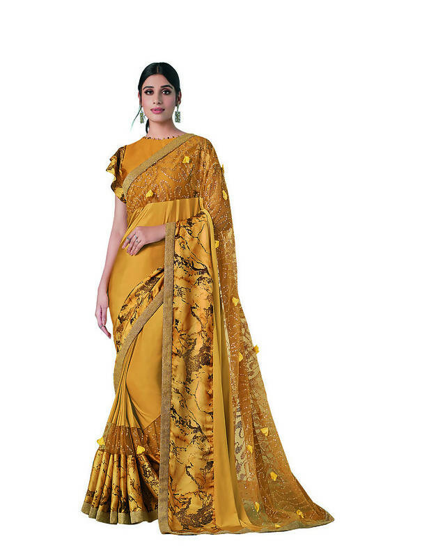 Mustard Lycra sequence Saree with Unstitched Blouse Piece - Norita Elaura