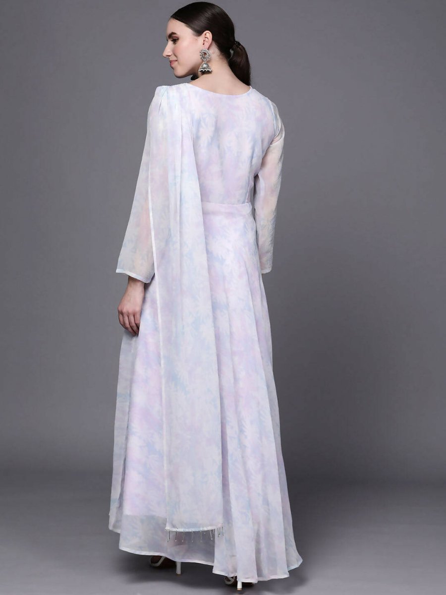 Ahalyaa Women Blue & White Floral Fit & Flare Maxi Ethnic Dress