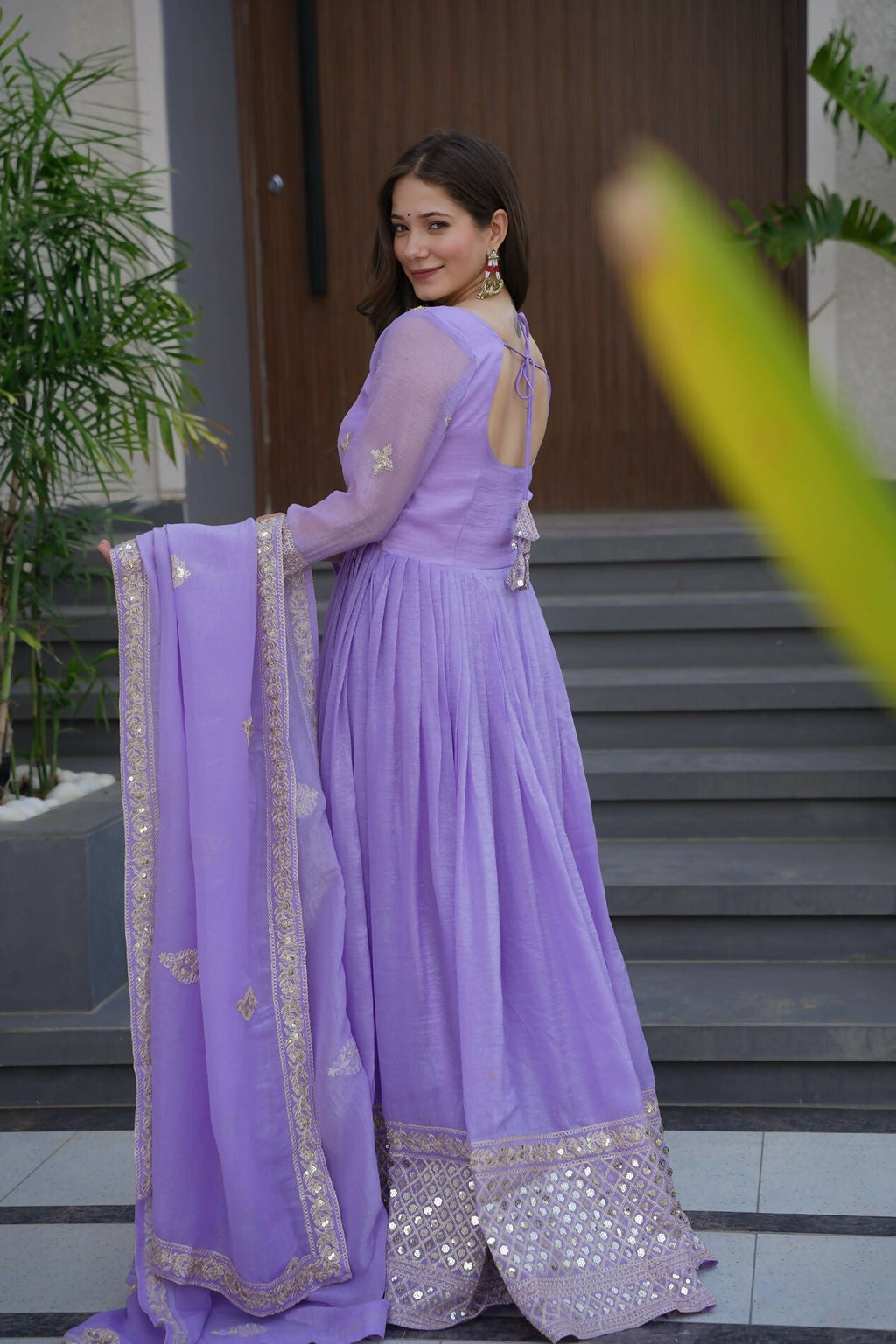 Teeya Creation Lavender Color Crunchy Silk Wedding Wear Embroidery Work Long Gown