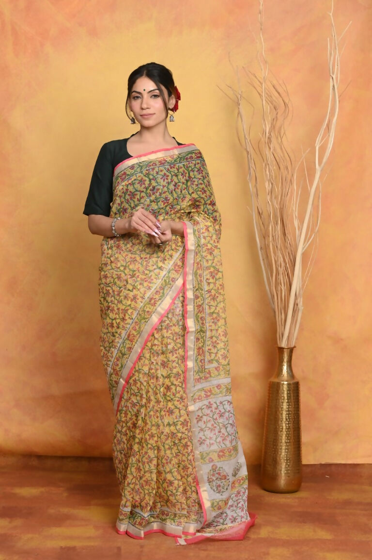 Very Much Indian Pure Kota Cotton Handblock Printed Saree - Yellow
