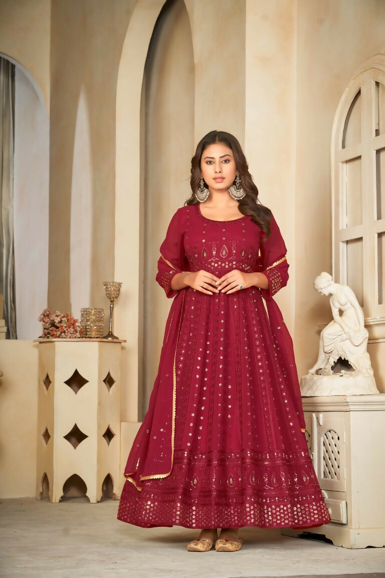 Jyoti Fashion Women's Maroon Georgette Embroidered Anarkali Kurta Pant Set With Dupatta
