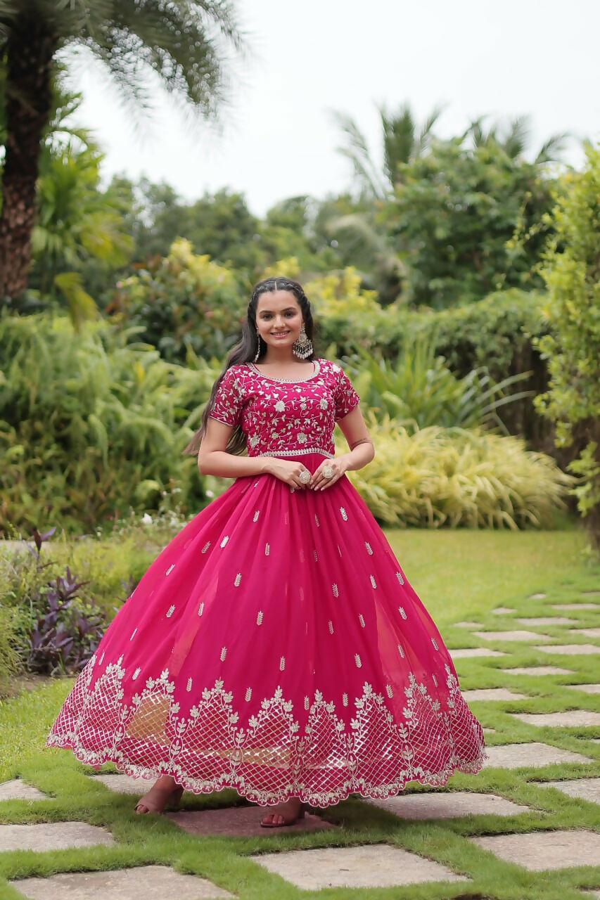 Vastranavya Premium Designer Faux Blooming with Embroidery Zari Sequins work Gown - Pink
