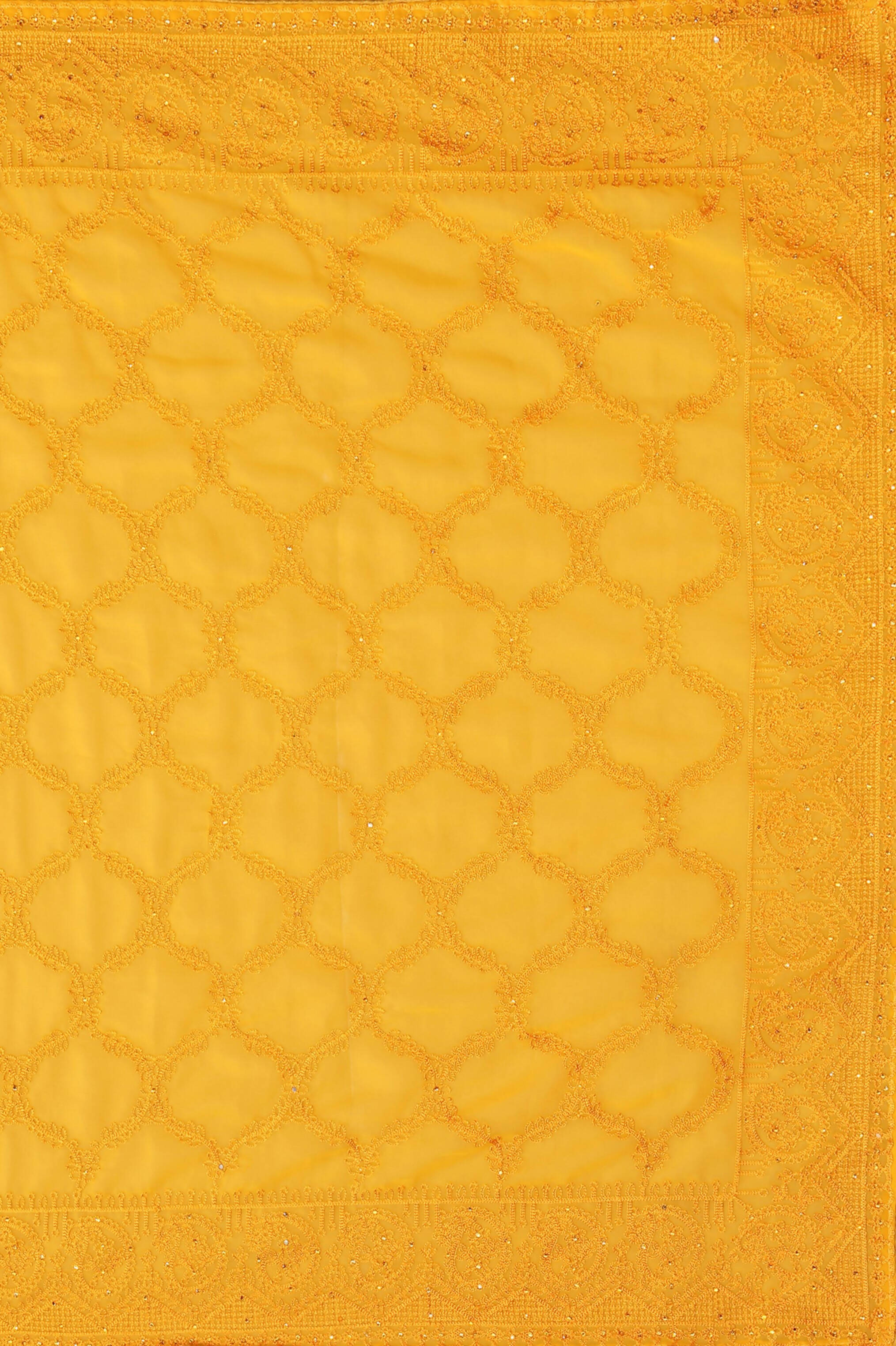Mustard Georgette Embroidered and Stone Work Saree with Unstitched Blouse Piece - Roozal