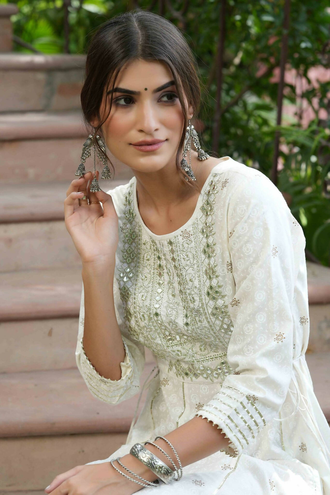Juniper Off-White Rayon Festive Wear Embroidered A-Line Long Dress
