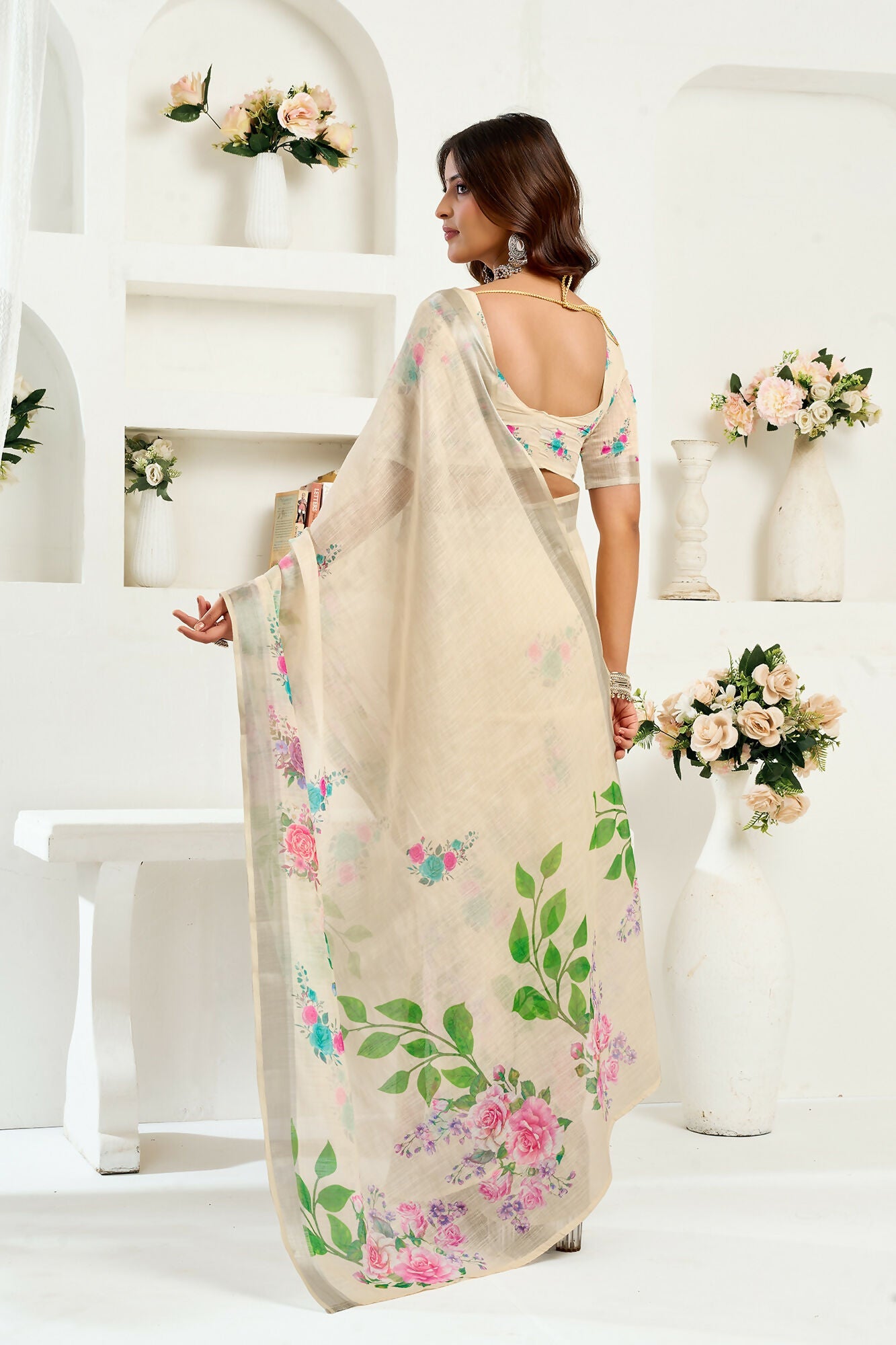 Vastranavya Cream Digital Printed Linen Ready To Wear Designer Saree with Unstitched Blouse