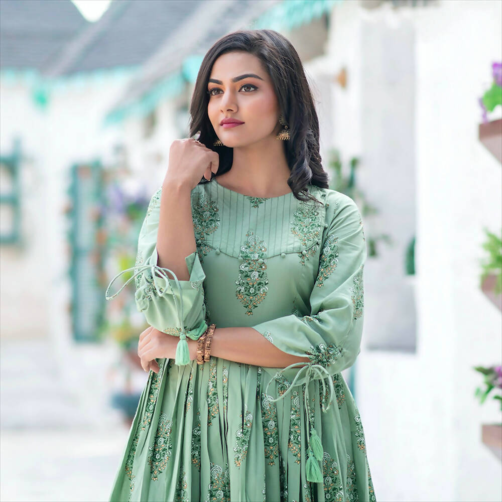 Partywear Designer Digital Printed Moss Green Pure Maslin Gown - Anbazaar