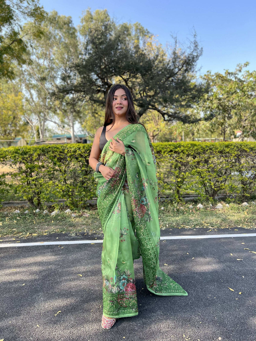 Vamsee Vidhi 1 Green Organza Saree