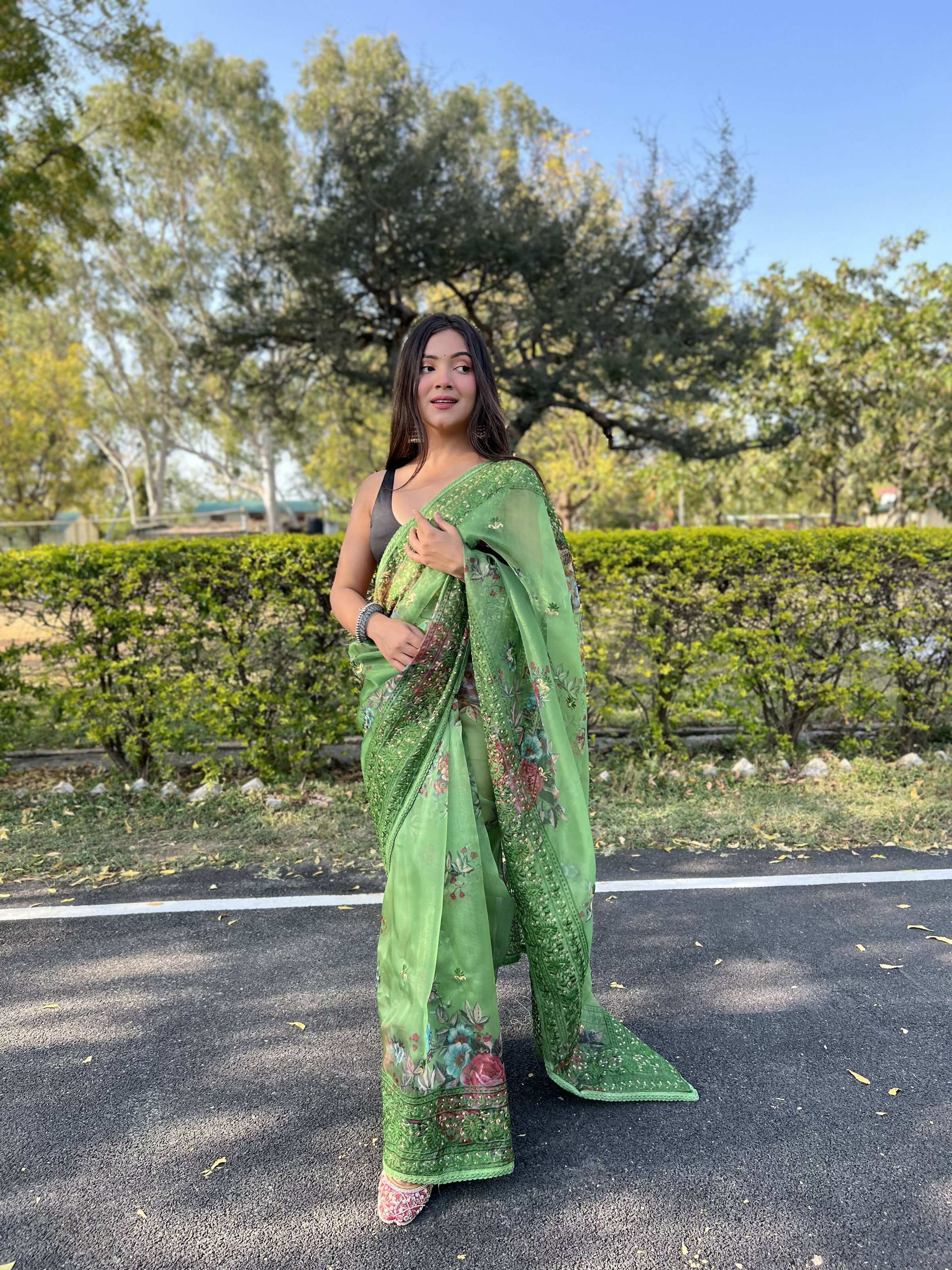 Vamsee Vidhi 1 Green Organza Saree