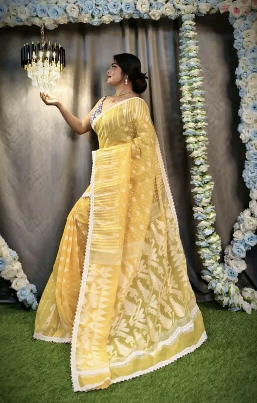 Exclusive Collection Beautiful Yellow Jaal Jamdani Saree