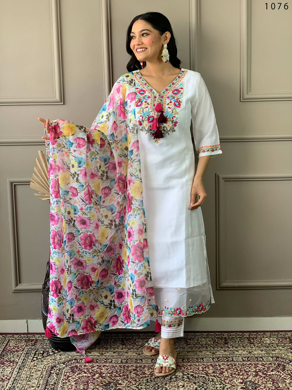 Partywear Designer Chanderi With Cotton Lining White Stitched Suit With Dupatta - Tanisha