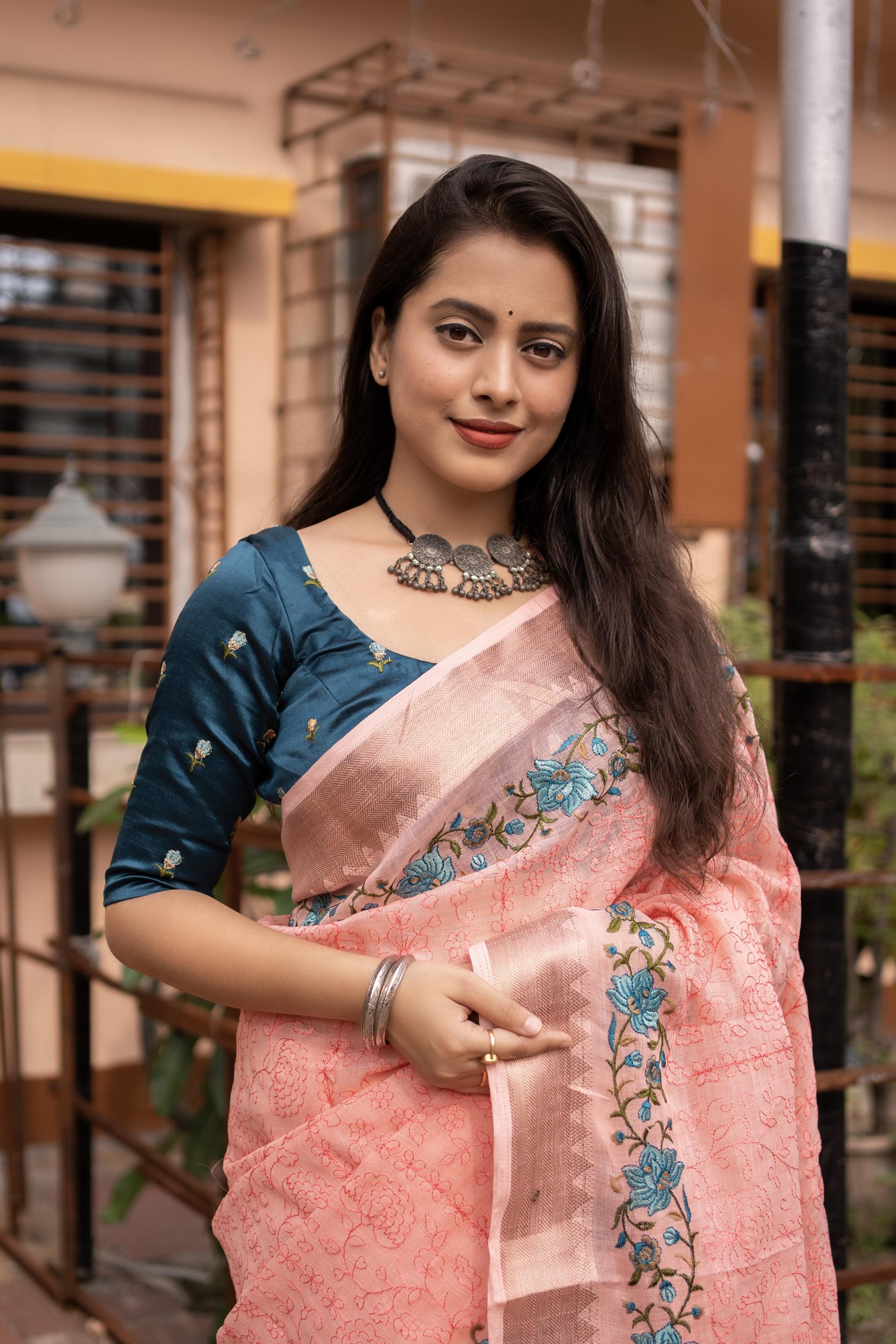 Pink Pure Linen Woven Design Saree with Unstitched Blouse - Hiral Fashion