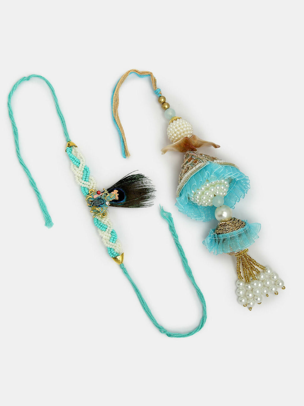 NVR Women & Men Set of 2 Blue Krishna Pearl Bhaiya Bhabhi Rakhi With Roli Chawal