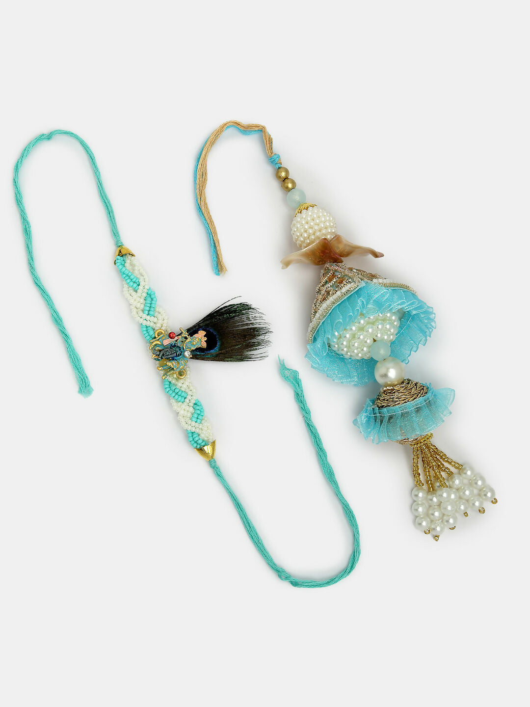 NVR Women & Men Set of 2 Blue Krishna Pearl Bhaiya Bhabhi Rakhi With Roli Chawal