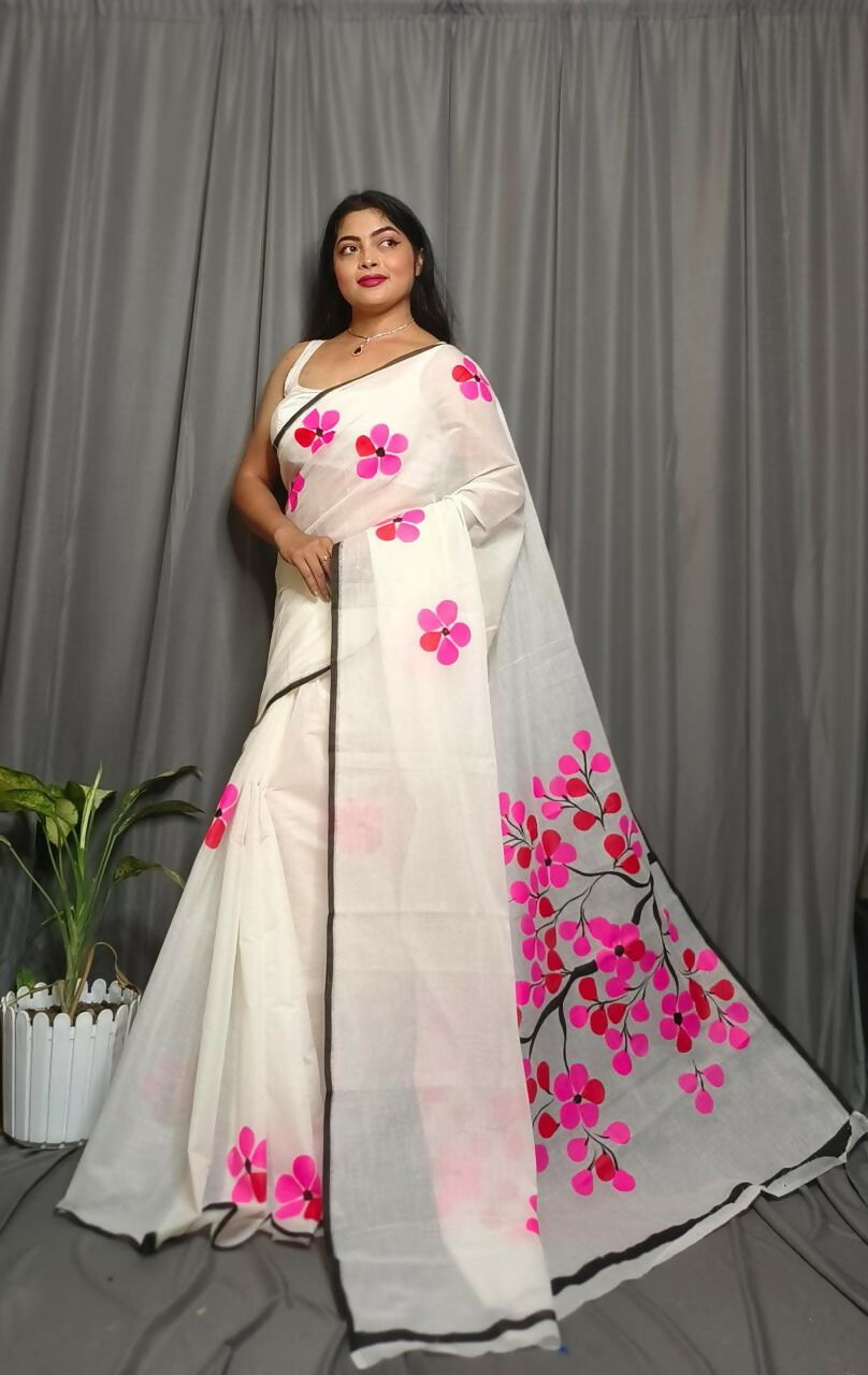Exclusive Collection Beautiful White Pink Pure Cotton Hand Print Handloom Saree With Running Blouse Piece