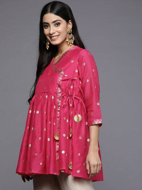 Ahalyaa Womens Pink Chanderi Printed Angrakha Style Tunic