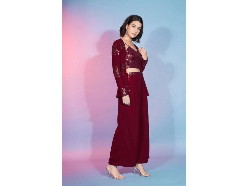 Red Georgette Sequence With Thread Designer Co-Ord Set - Flory