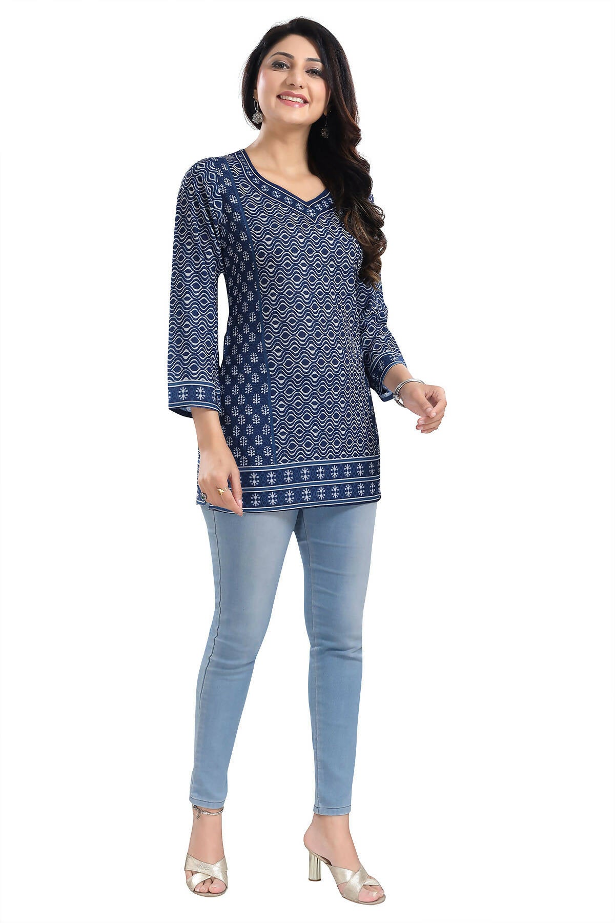 Snehal Creations Bright Indigo Summer Cool Printed Short Kurti Tunic