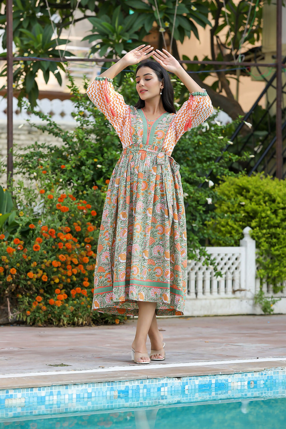 Kaajh Women's Orange Hand Block Printed Dress
