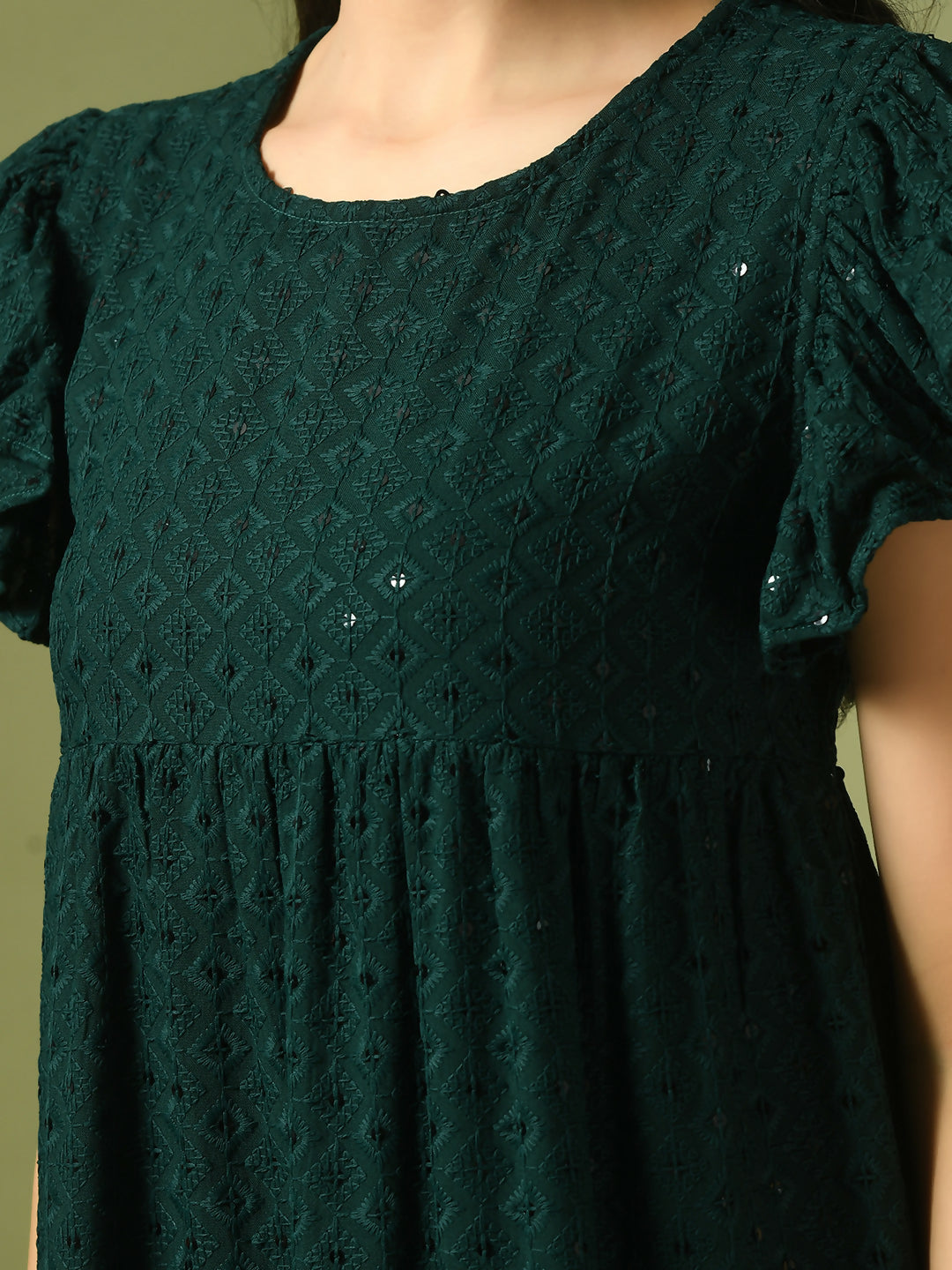 Myshka Women's Green Embroidered Cotton Round Neck A-Line Party Dress