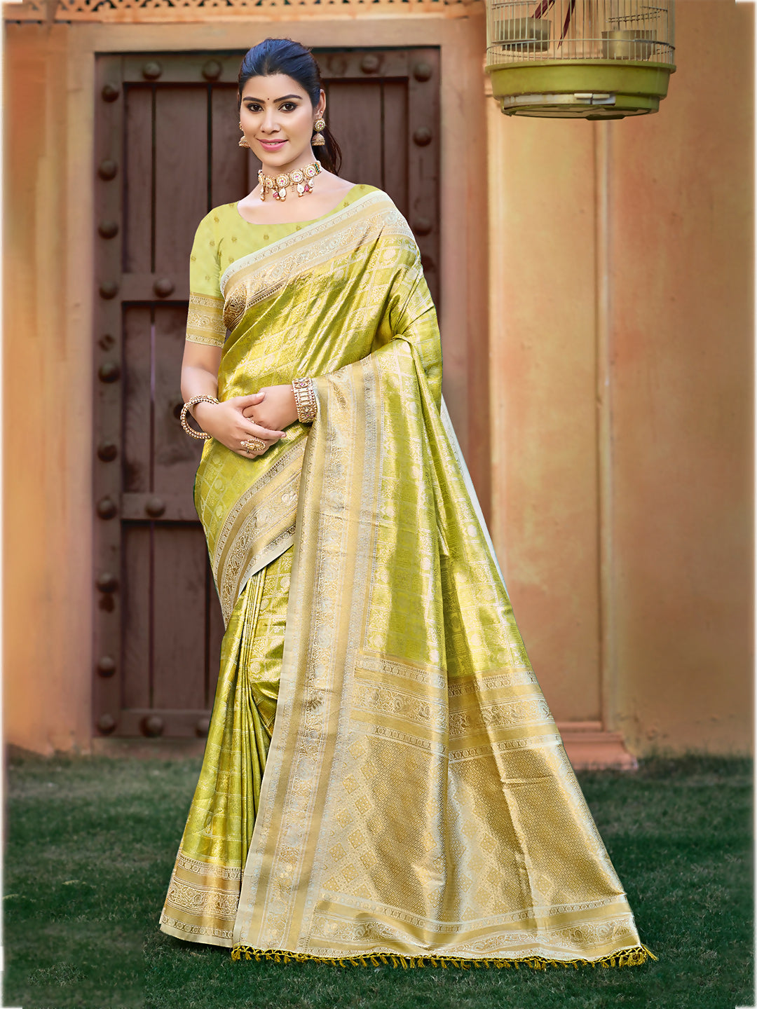 Sangam Prints Light Green Kanjivaram Silk Woven Work Traditional Saree