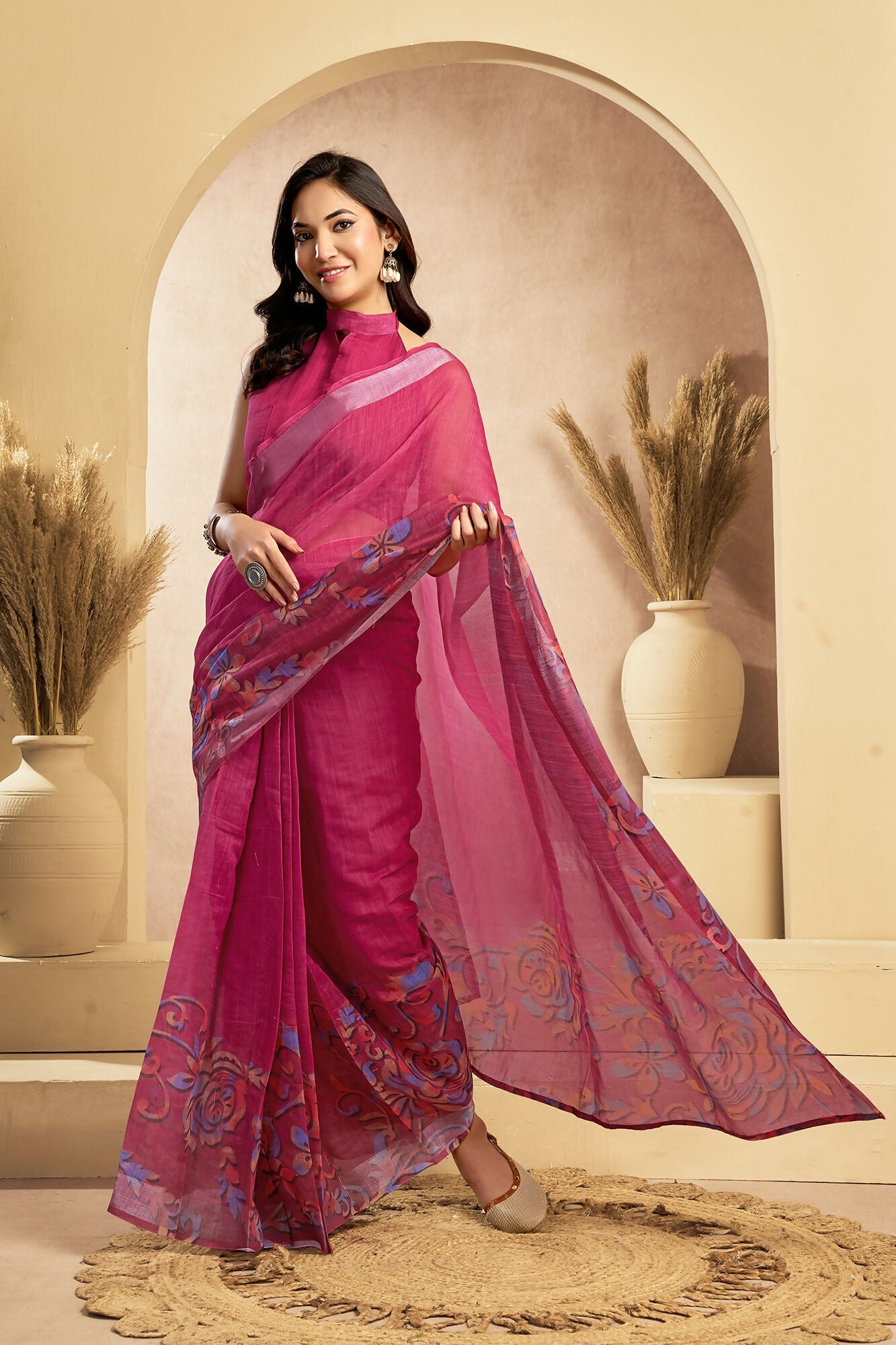 Vastranavya Pink Digital Printed Linen Ready To Wear Designer Saree with Unstitched Blouse
