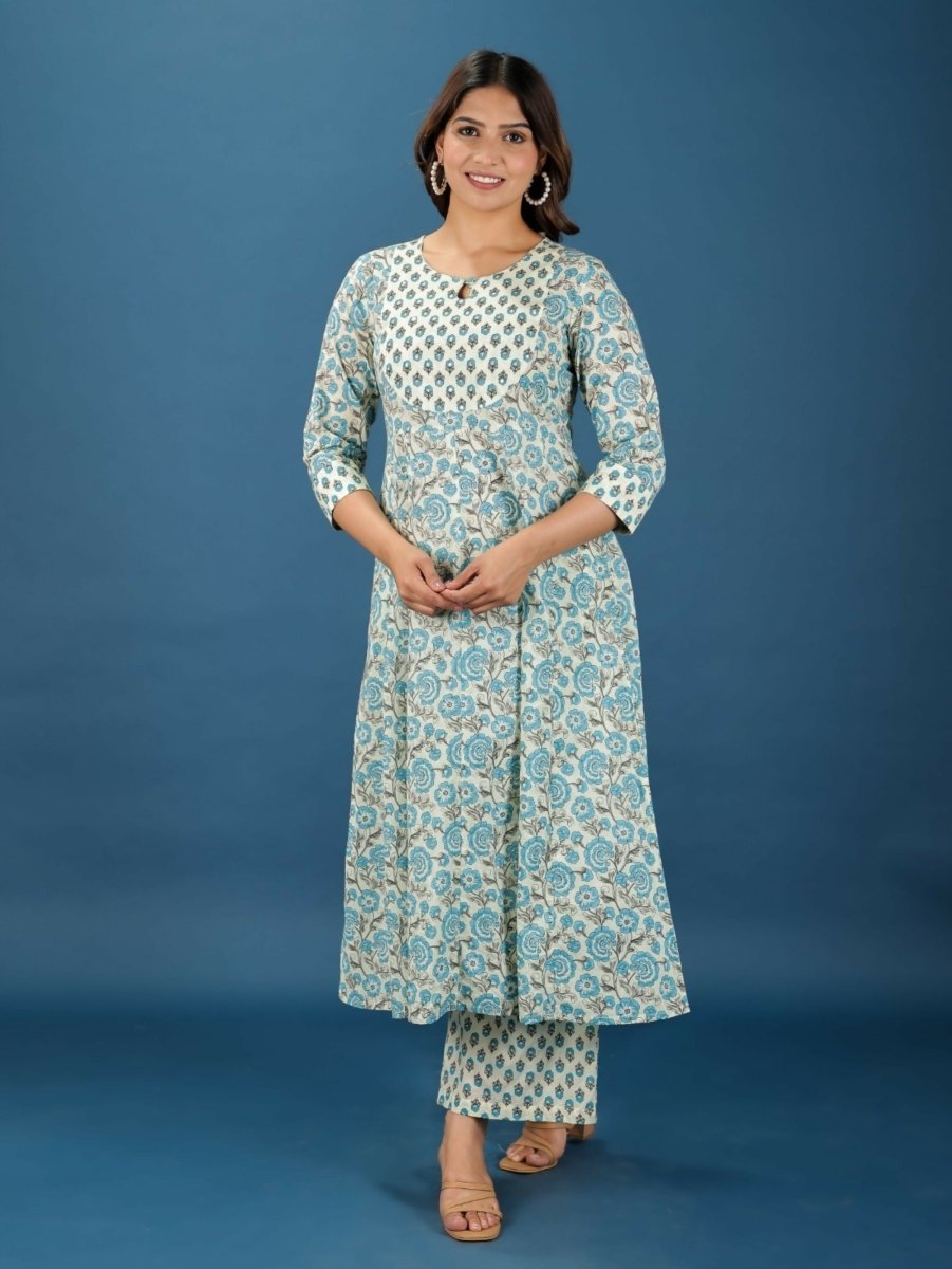 Aramya Anarkali Soft Cotton Floral Print Women's Kurta Set - Off White