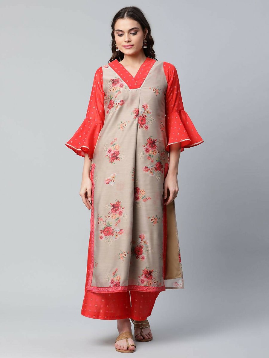 Ahalyaa Womens Chiku Chanderi Printed Kurta Palazzo Set