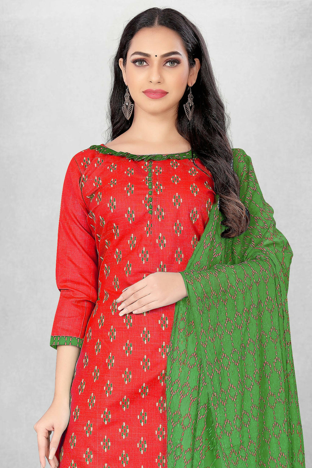 Red Cotton Printed Unstitched Dress Material - Amara