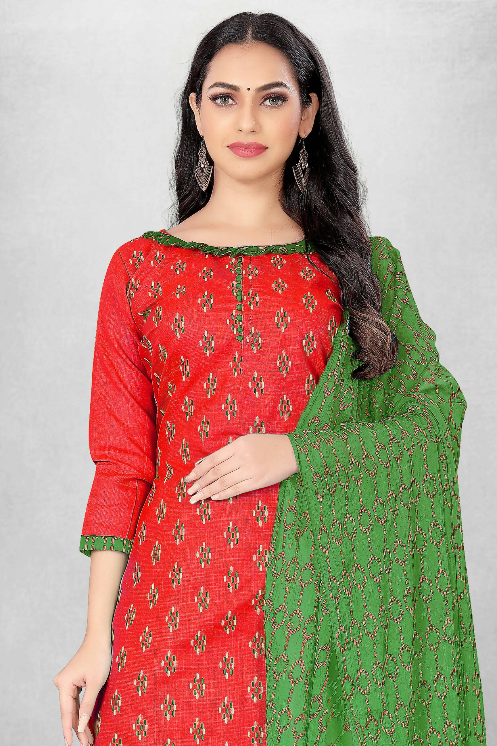 Red Cotton Printed Unstitched Dress Material - Amara