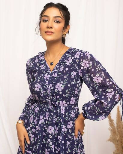 FIORRA Women's Blue Georgette Floral Printed Western Dress