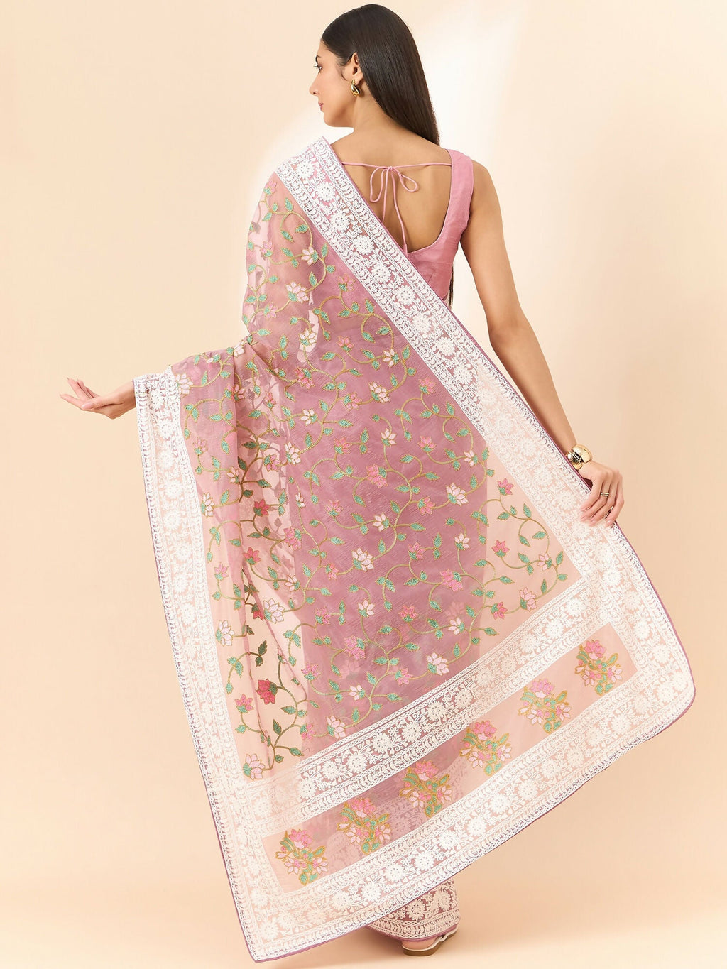 Pink Organza Floral Embroidered Saree with Unstitched Blouse Piece - Roozal