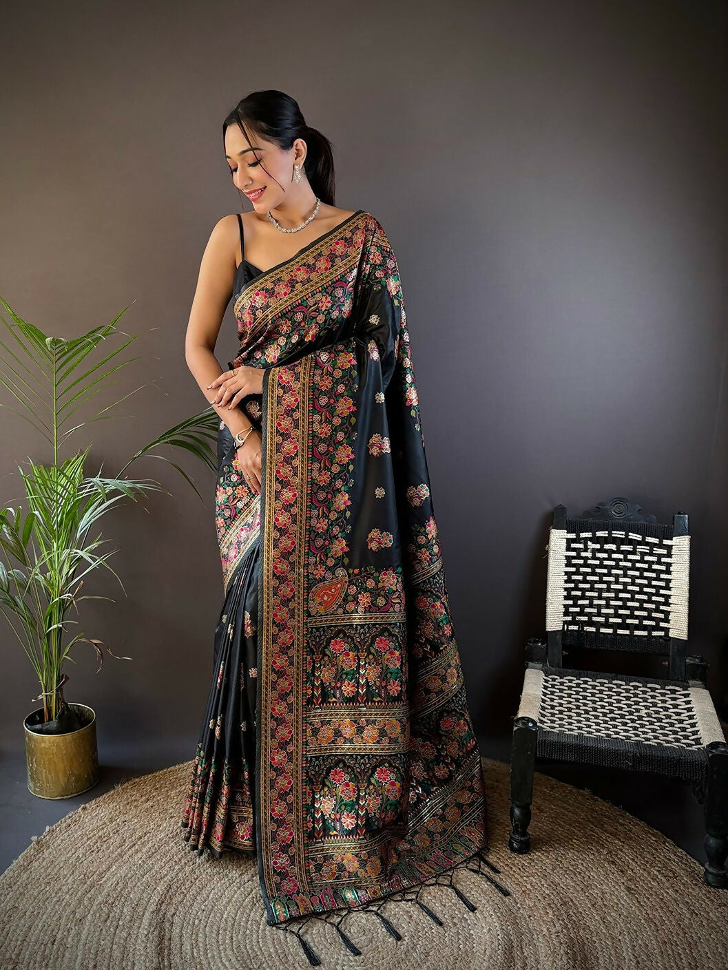 Joban Fashion Black Meena Weaves Pashmina Sarees
