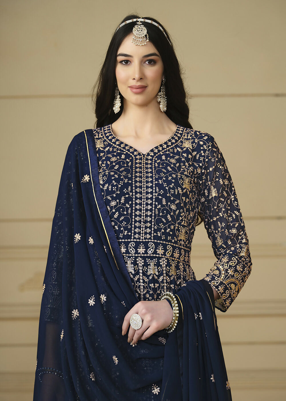 Navy Blue Embroidered Trendy Style Anarkali Suit - Emponline