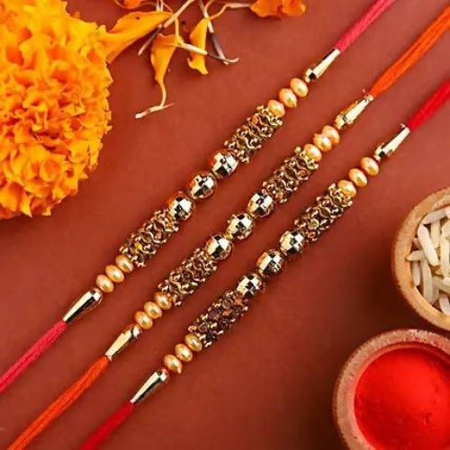 Set of 3 Traditional Pearl Rakhi and Almonds Jar