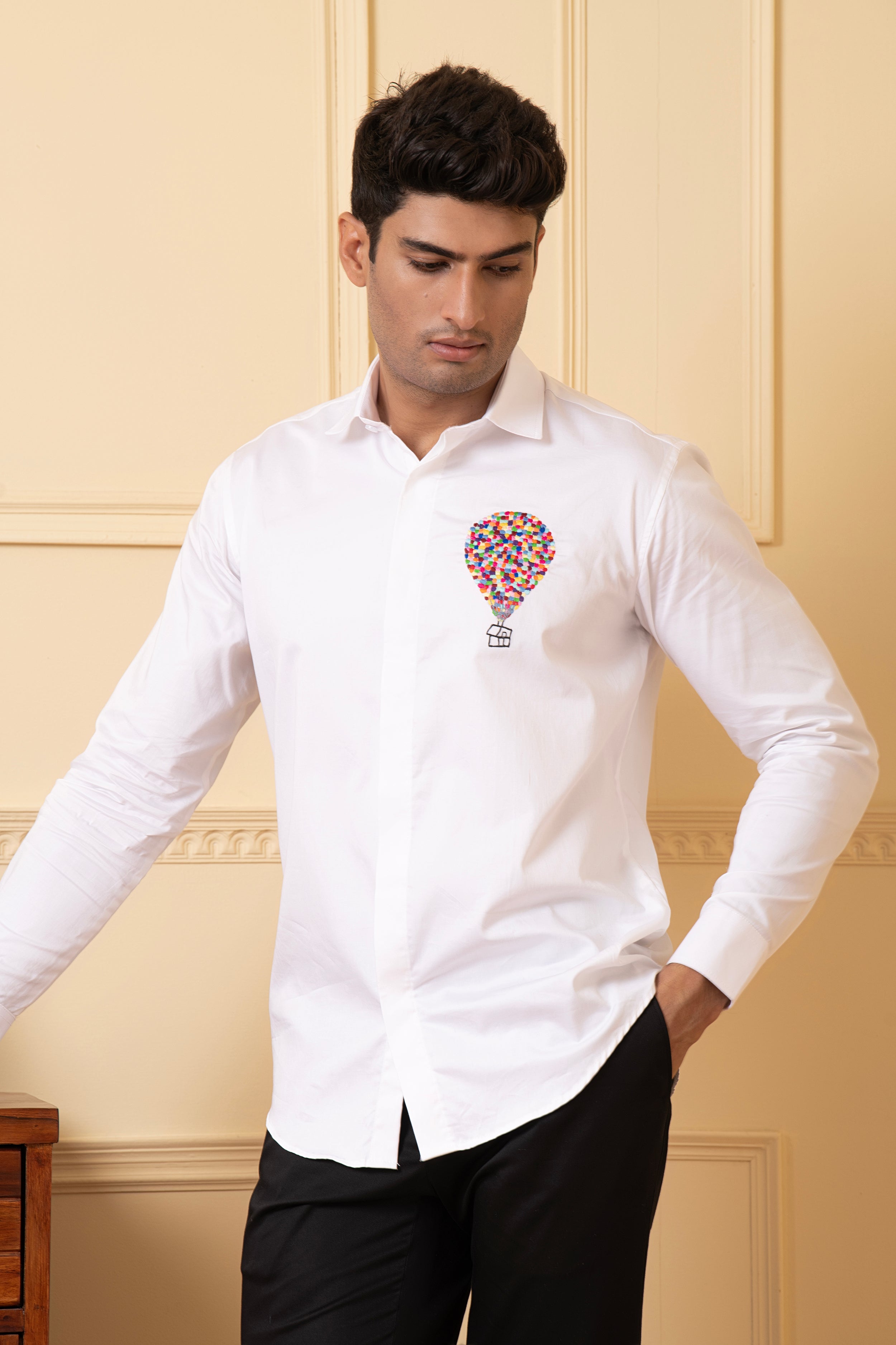 Elevibrant Hot Air Balloon Embroidery Shirt by Hilo Design