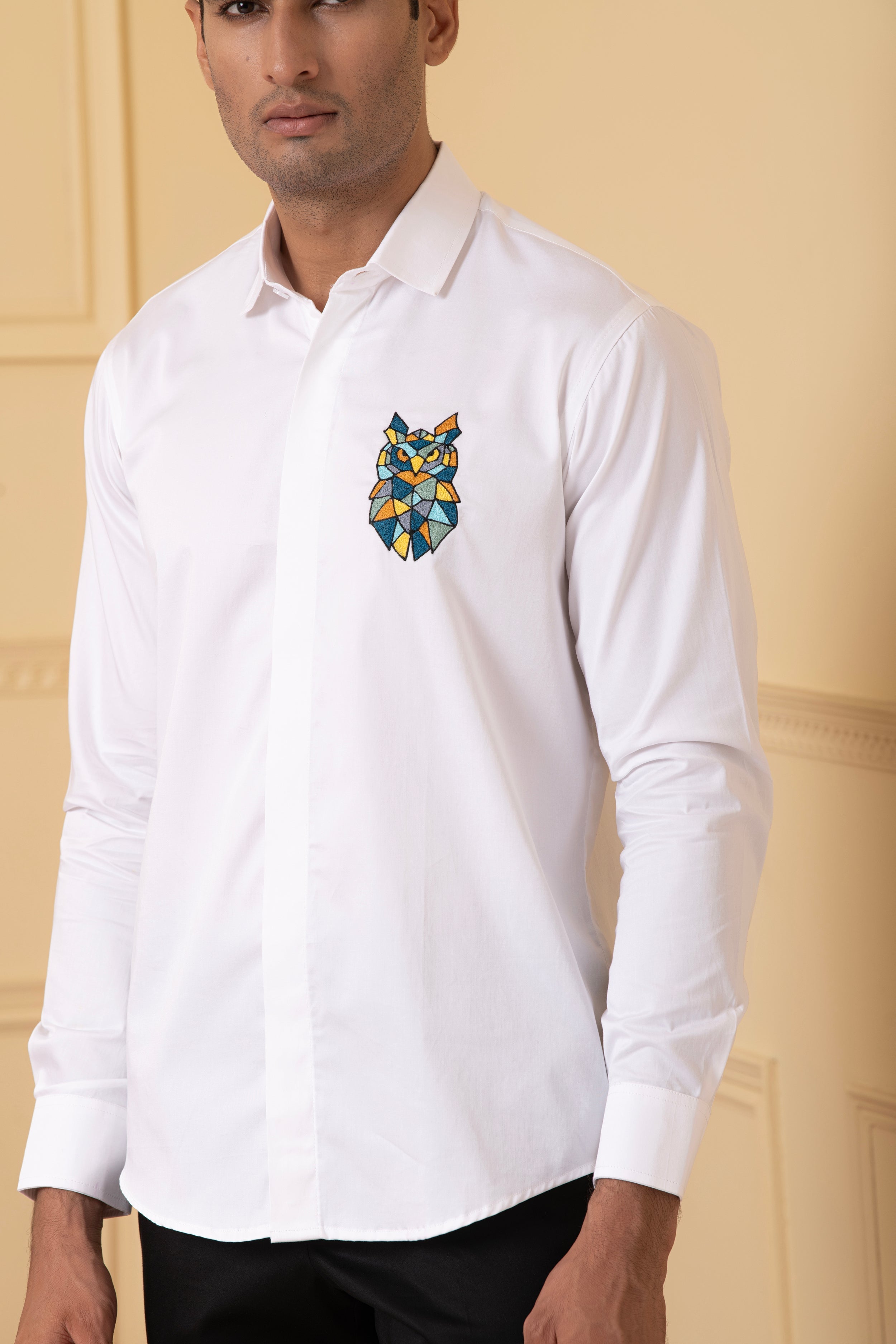 Owl Multicolor Thread Embroidery Shirt by Hilo Design