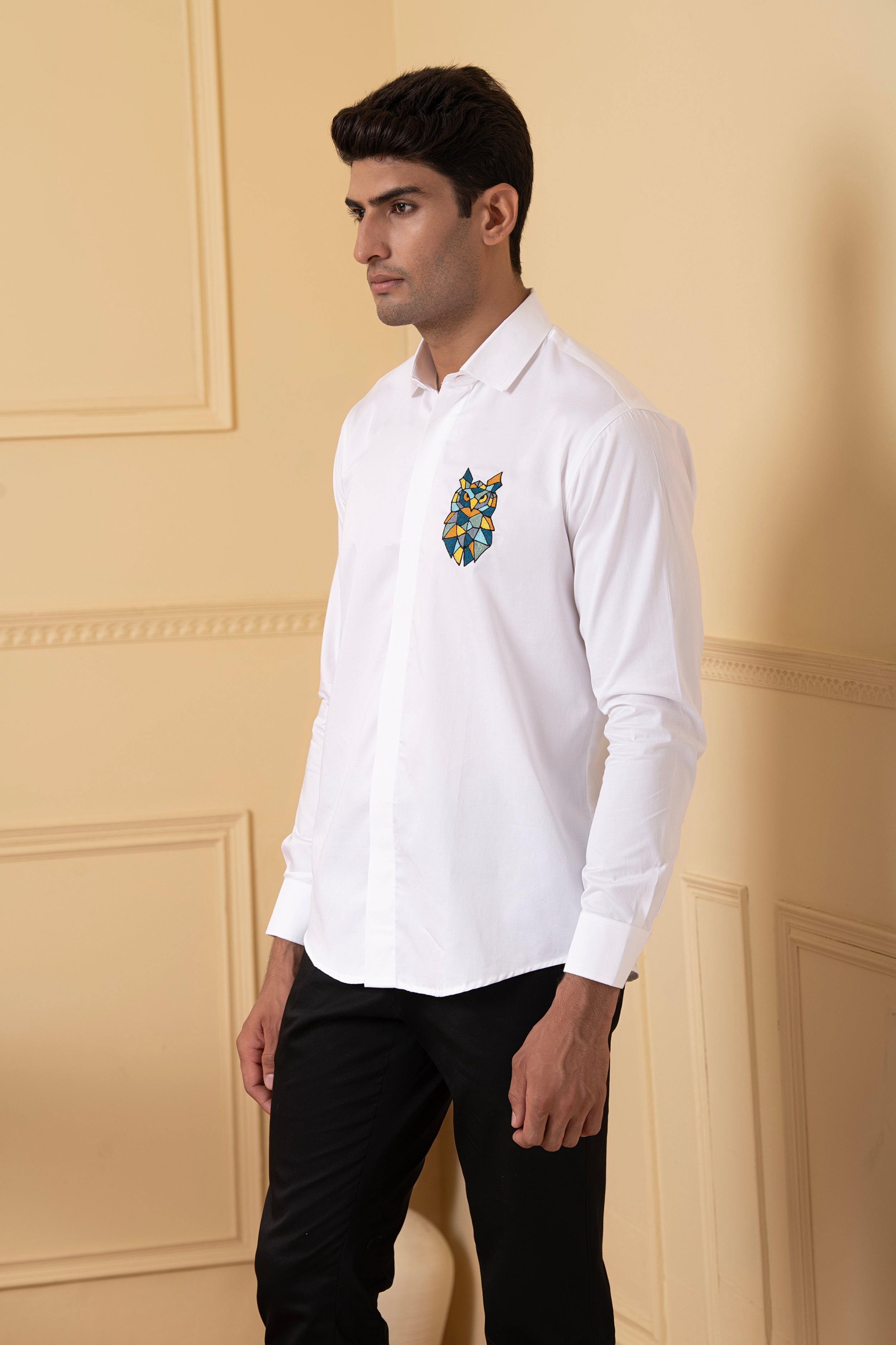 Owl Multicolor Thread Embroidery Shirt by Hilo Design
