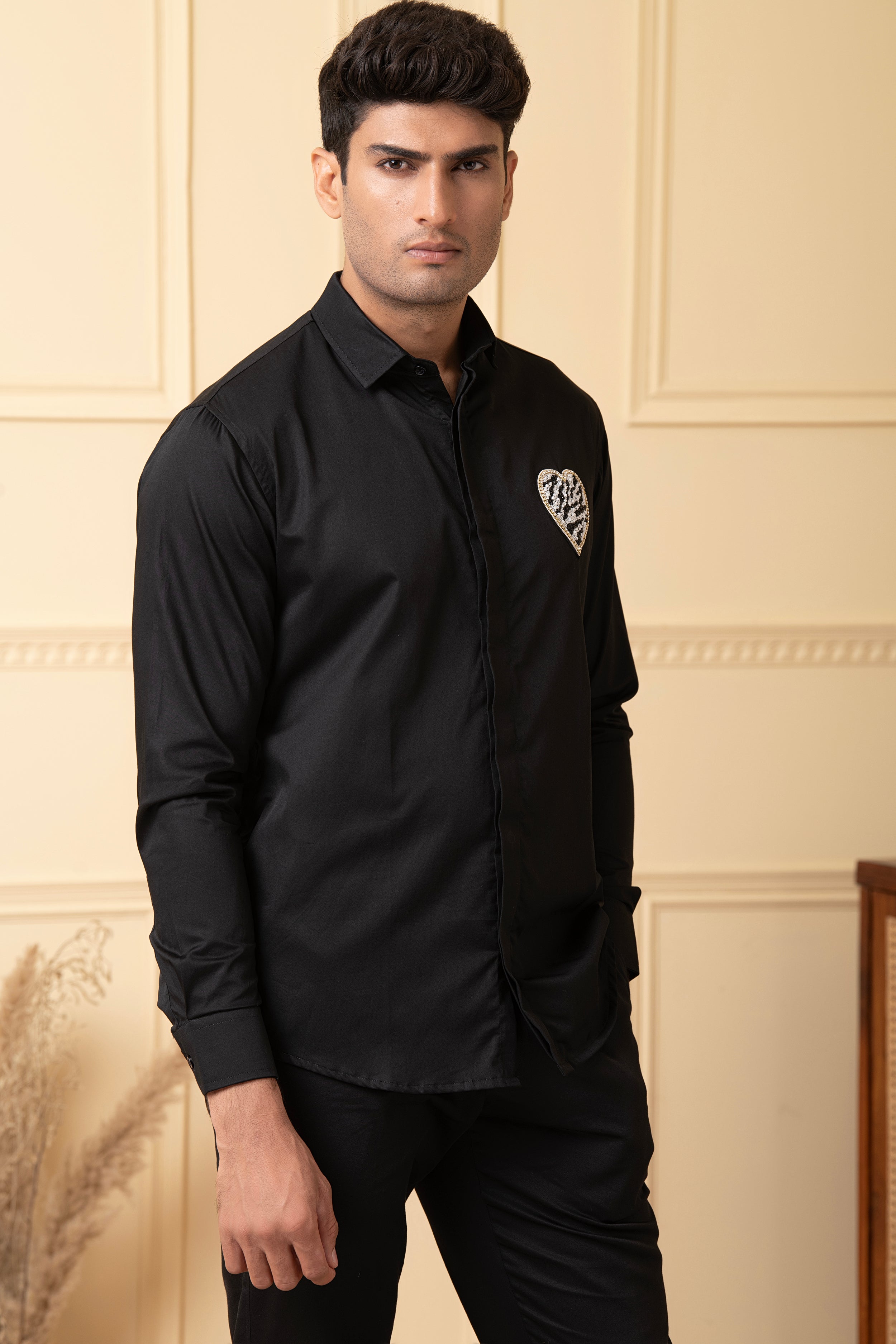 White And Black Heart Shaped Patch Shirt by Hilo Design