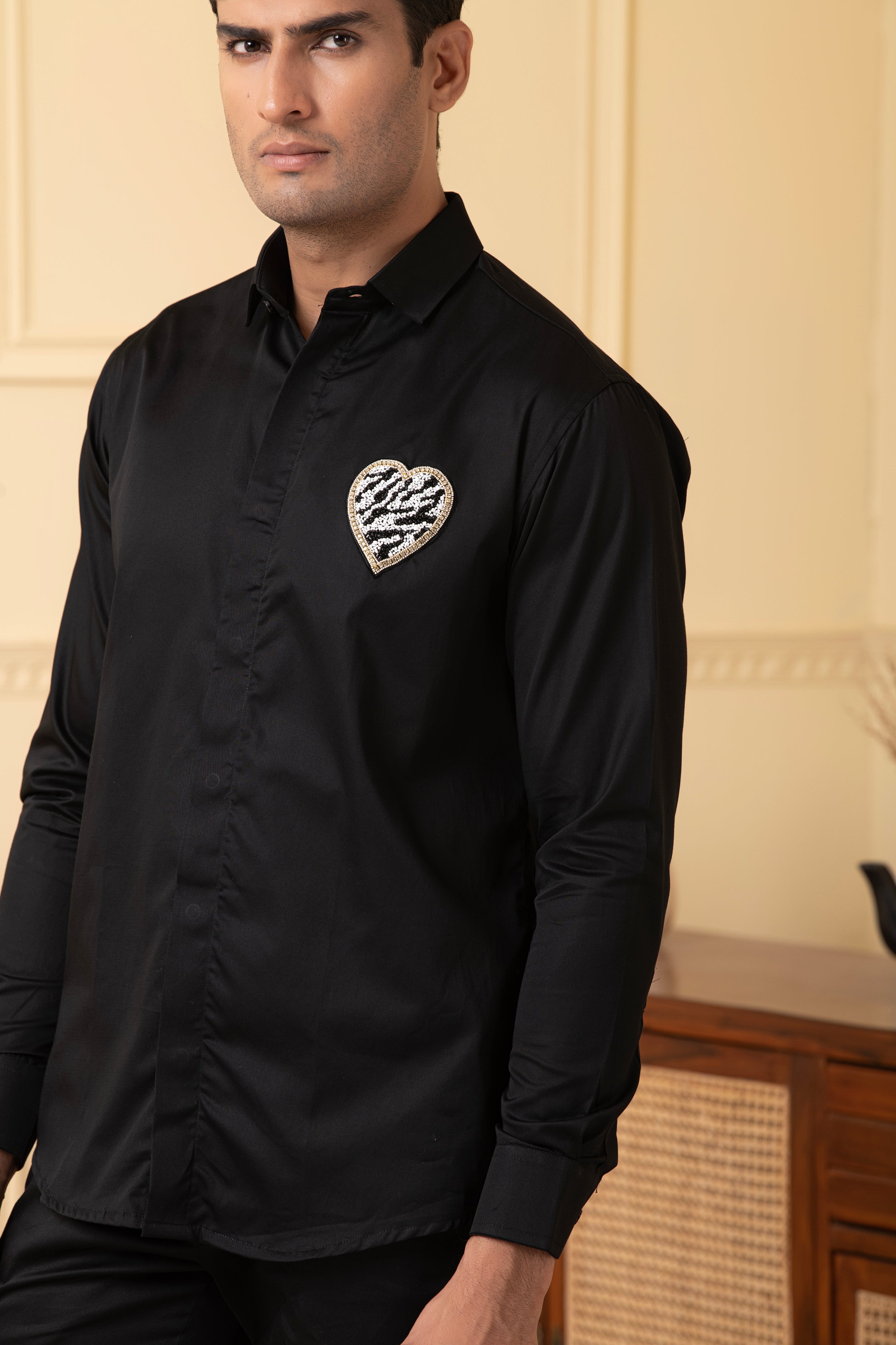 White And Black Heart Shaped Patch Shirt by Hilo Design